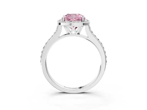 Platinum Fancy Pink Cushion Cut Halo Round Diamond Pavé Band with Four-Prong Setting