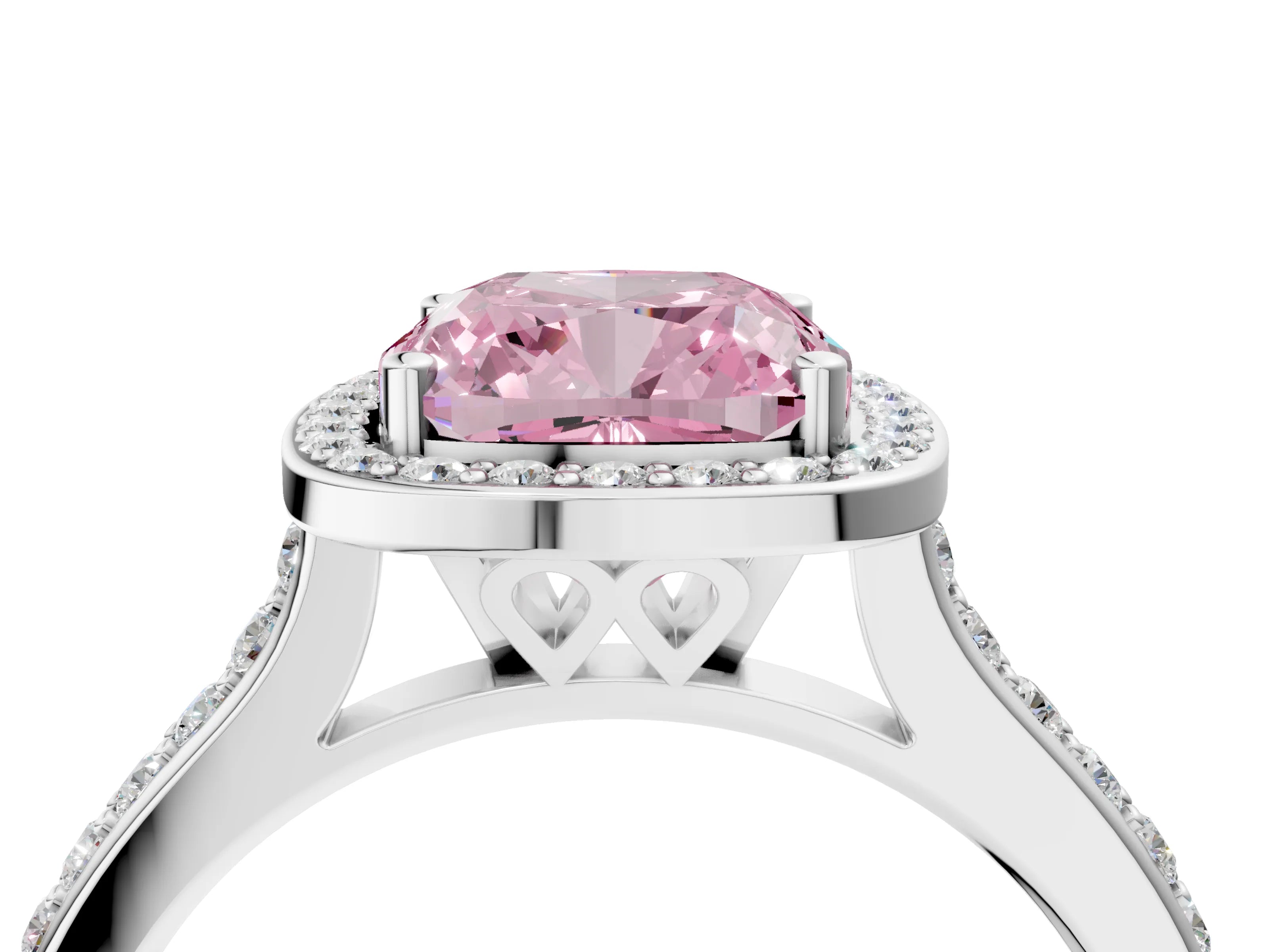 White gold Fancy Pink Cushion Cut Halo Round Diamond Pavé Band with Four-Prong Setting_19