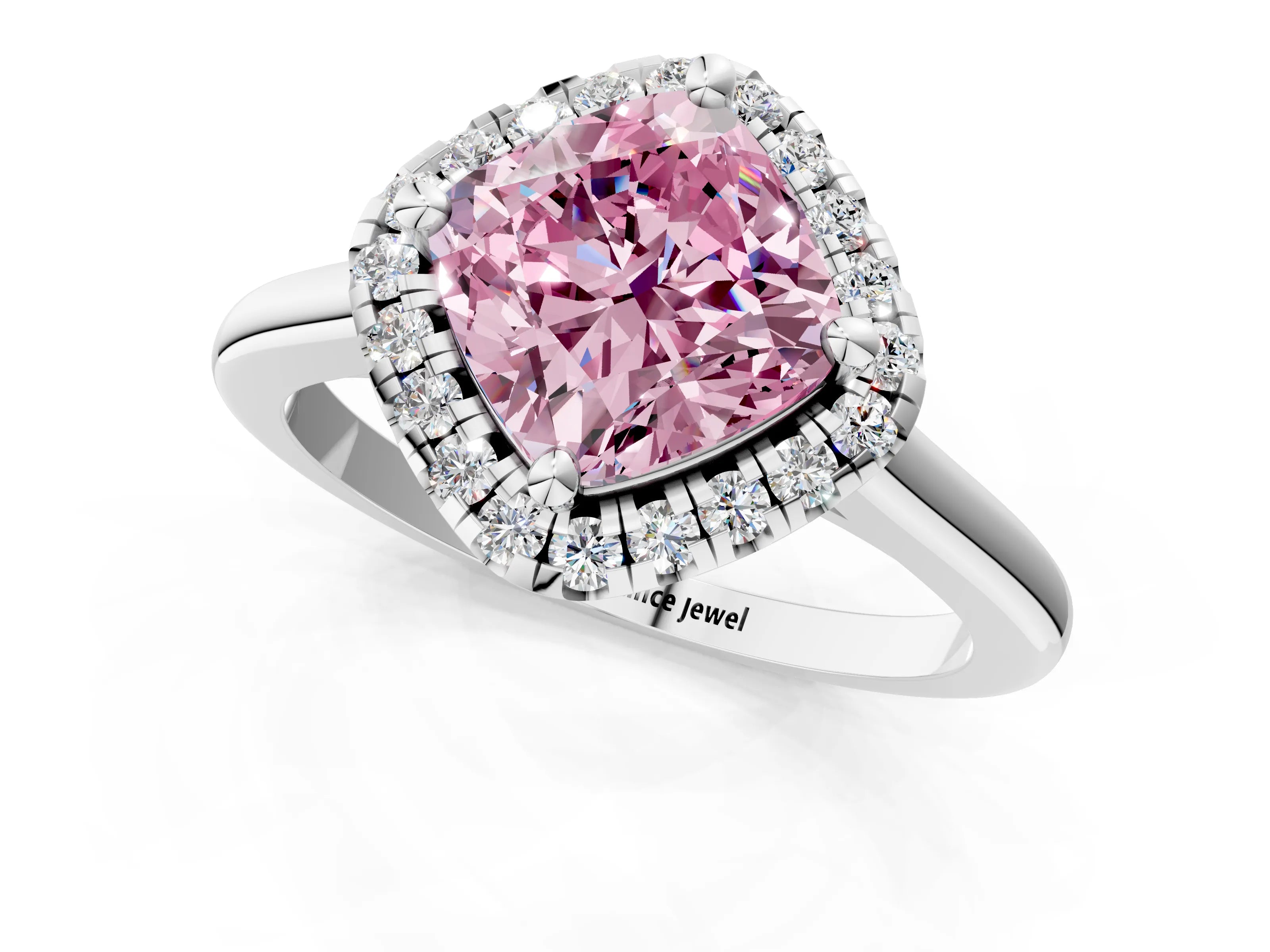 White gold Fancy Pink Cushion Cut Halo Round Diamond Solitaire Engagement Ring with Pave Band and Four-Prong Setting_1