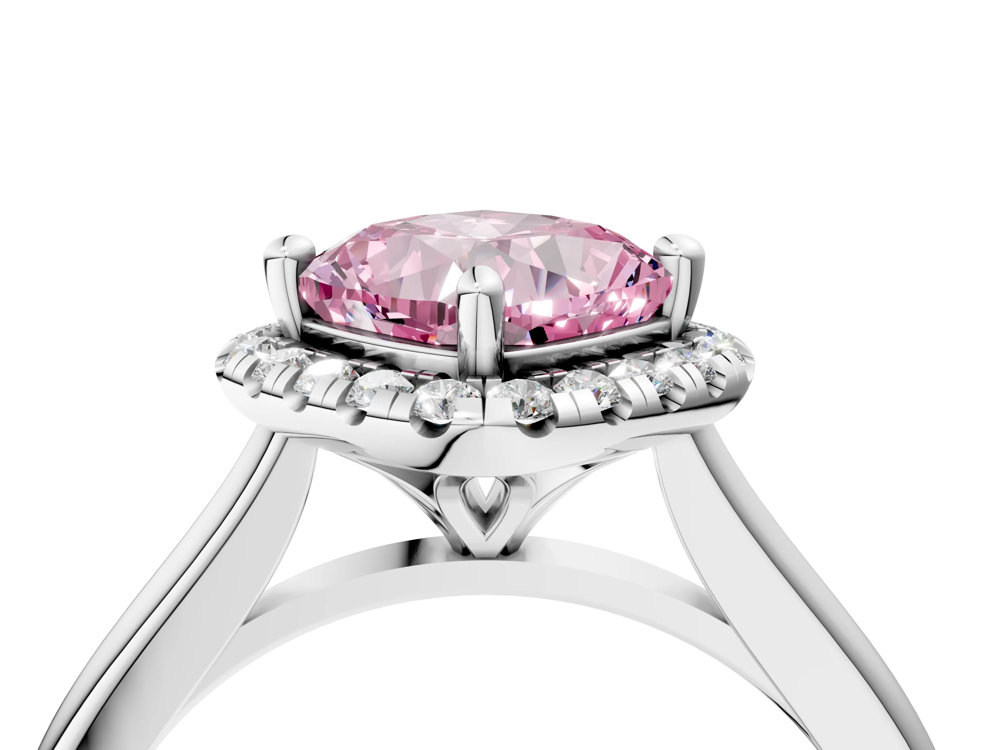 White gold Fancy Pink Cushion Cut Halo Round Diamond Solitaire Engagement Ring with Pave Band and Four-Prong Setting_28