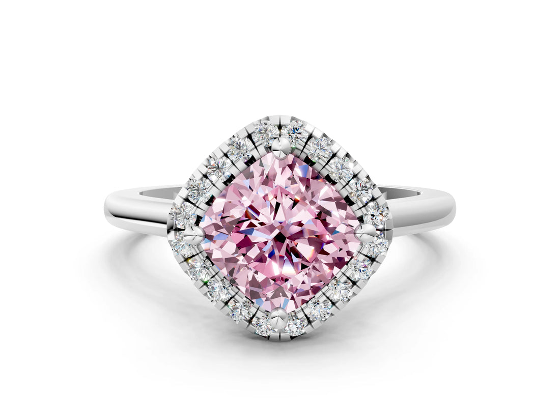 White gold Fancy Pink Cushion Cut Halo Round Diamond Solitaire Engagement Ring with Pave Band and Four-Prong Setting_30