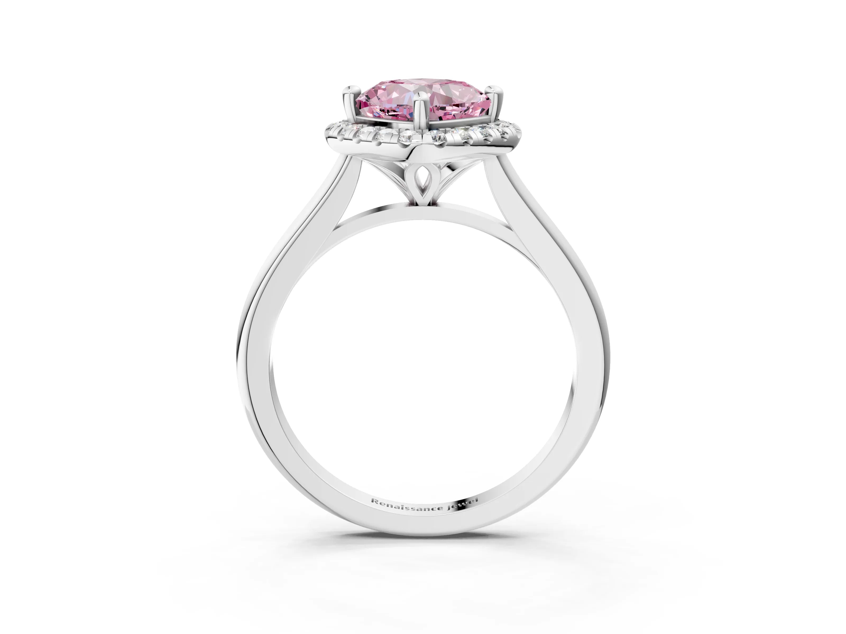 White gold Fancy Pink Cushion Cut Halo Round Diamond Solitaire Engagement Ring with Pave Band and Four-Prong Setting_33