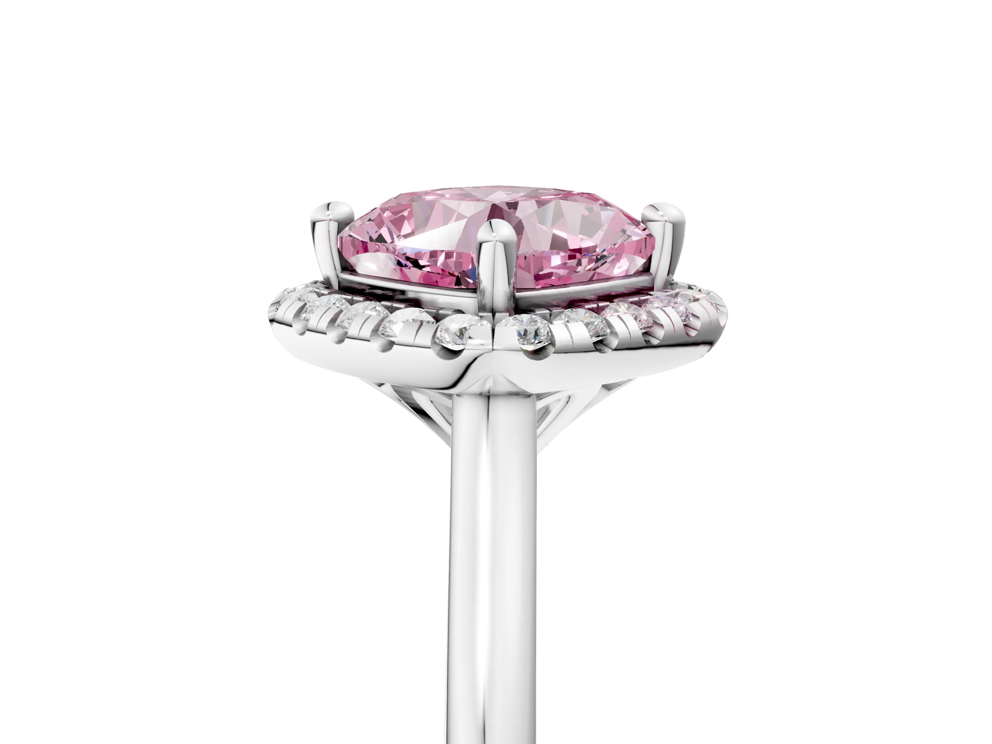 White gold Fancy Pink Cushion Cut Halo Round Diamond Solitaire Engagement Ring with Pave Band and Four-Prong Setting_35