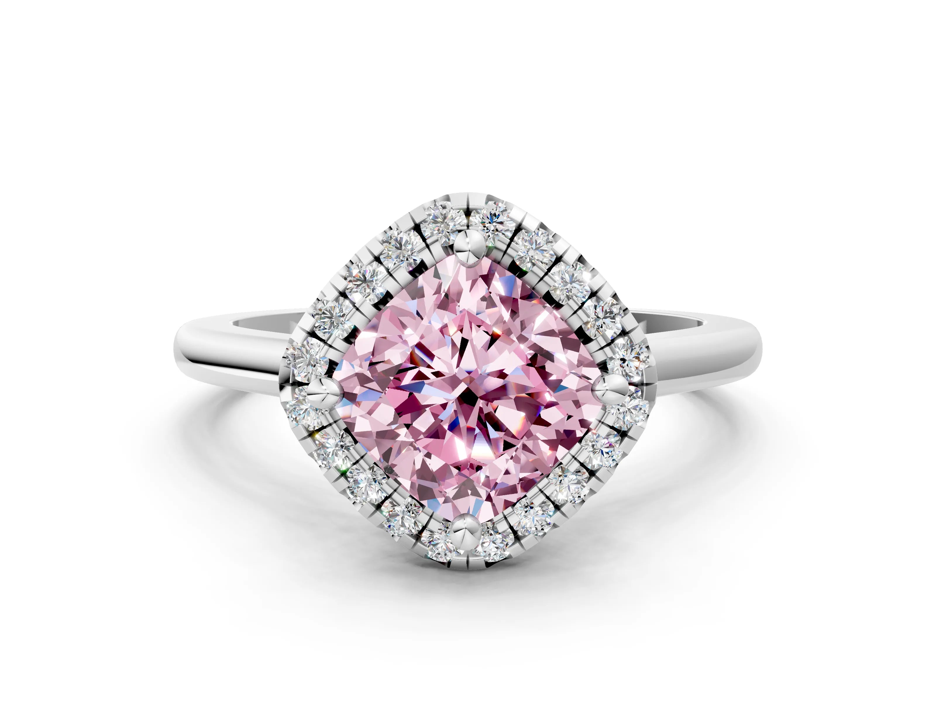 White gold Fancy Pink Cushion Cut Halo Round Diamond Solitaire Engagement Ring with Pave Band and Four-Prong Setting
