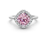 White gold Fancy Pink Cushion Cut Halo Round Diamond Solitaire Engagement Ring with Pave Band and Four-Prong Setting
