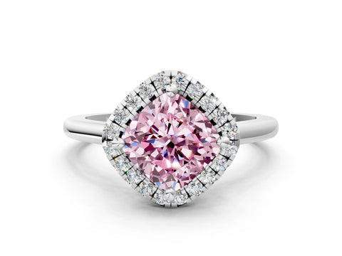 White gold Fancy Pink Cushion Cut Halo Round Diamond Solitaire Engagement Ring with Pave Band and Four-Prong Setting