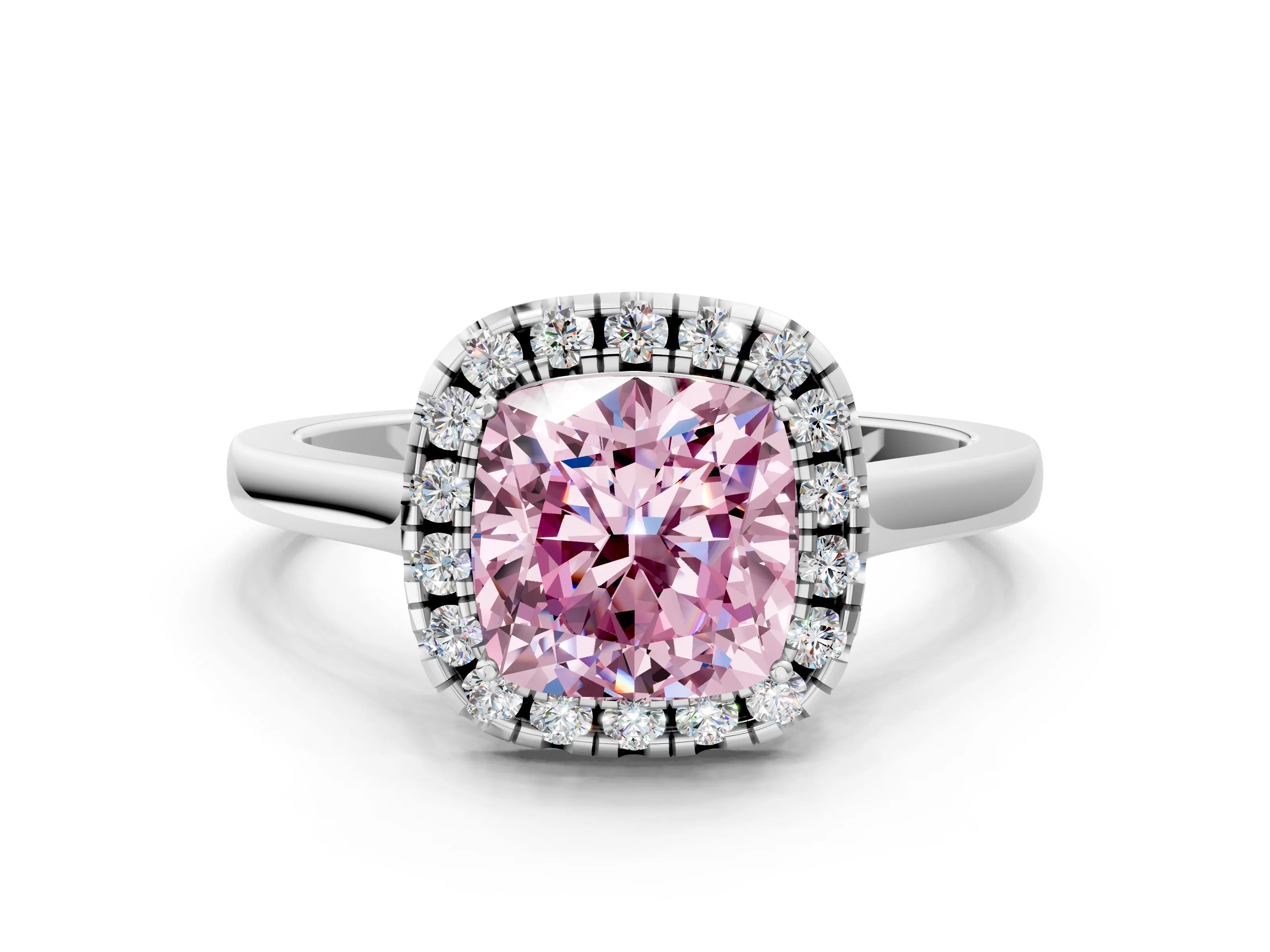 White gold Fancy Pink Cushion Cut Halo Round Diamond Solitaire Ring with Pavé Band and Four-Prong Setting_12