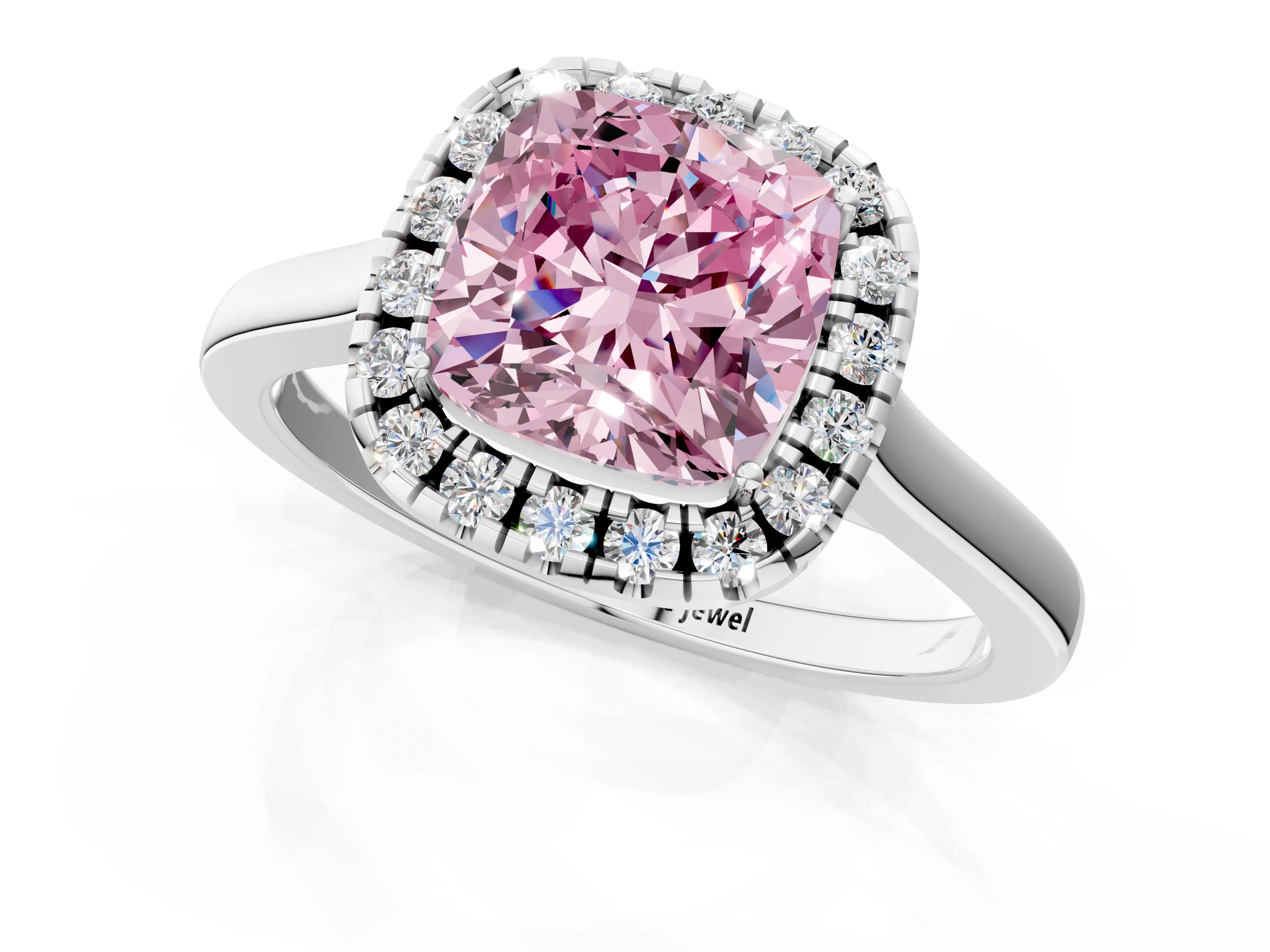 White gold Fancy Pink Cushion Cut Halo Round Diamond Solitaire Ring with Pavé Band and Four-Prong Setting_13