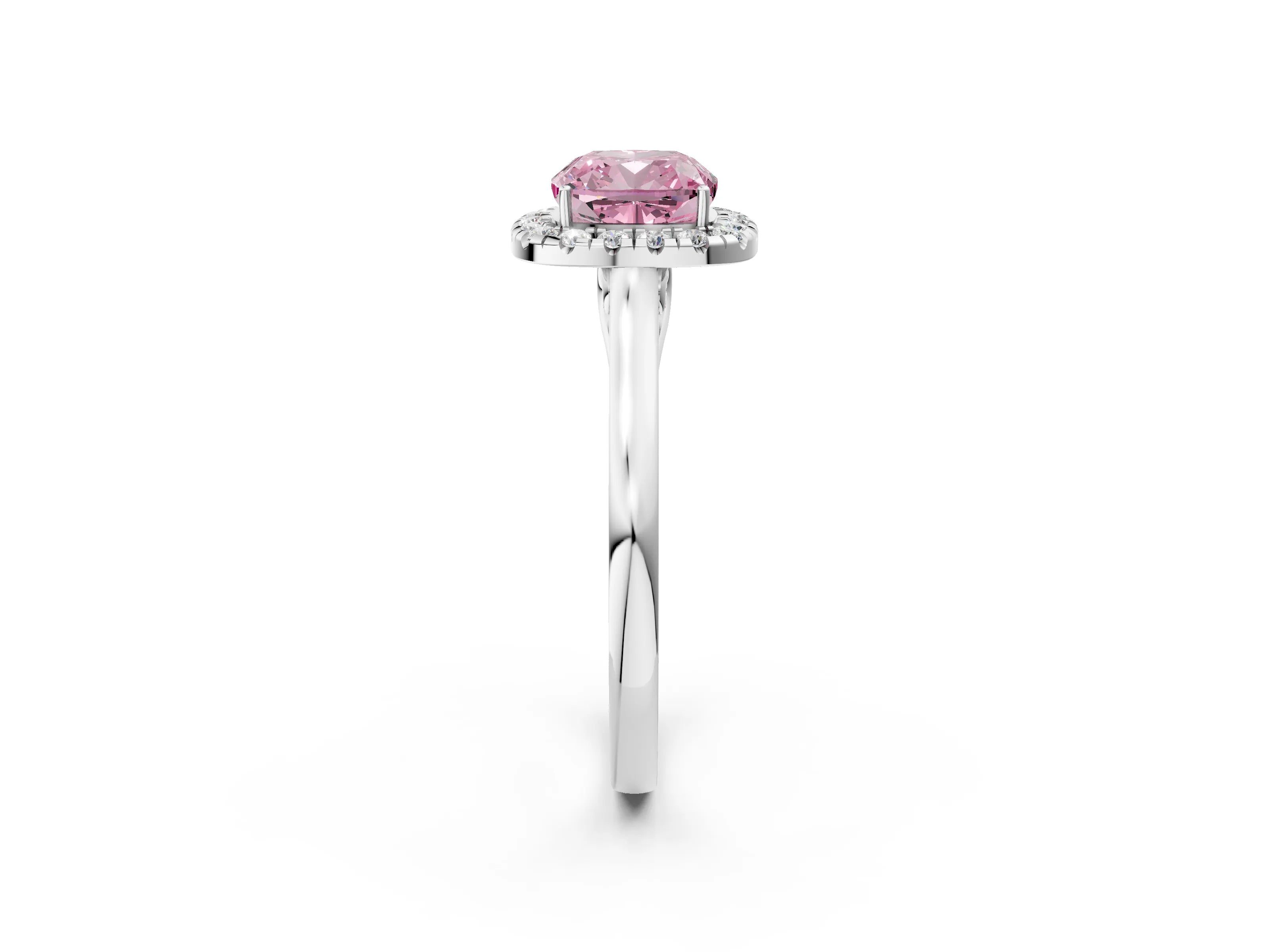 White gold Fancy Pink Cushion Cut Halo Round Diamond Solitaire Ring with Pavé Band and Four-Prong Setting_14