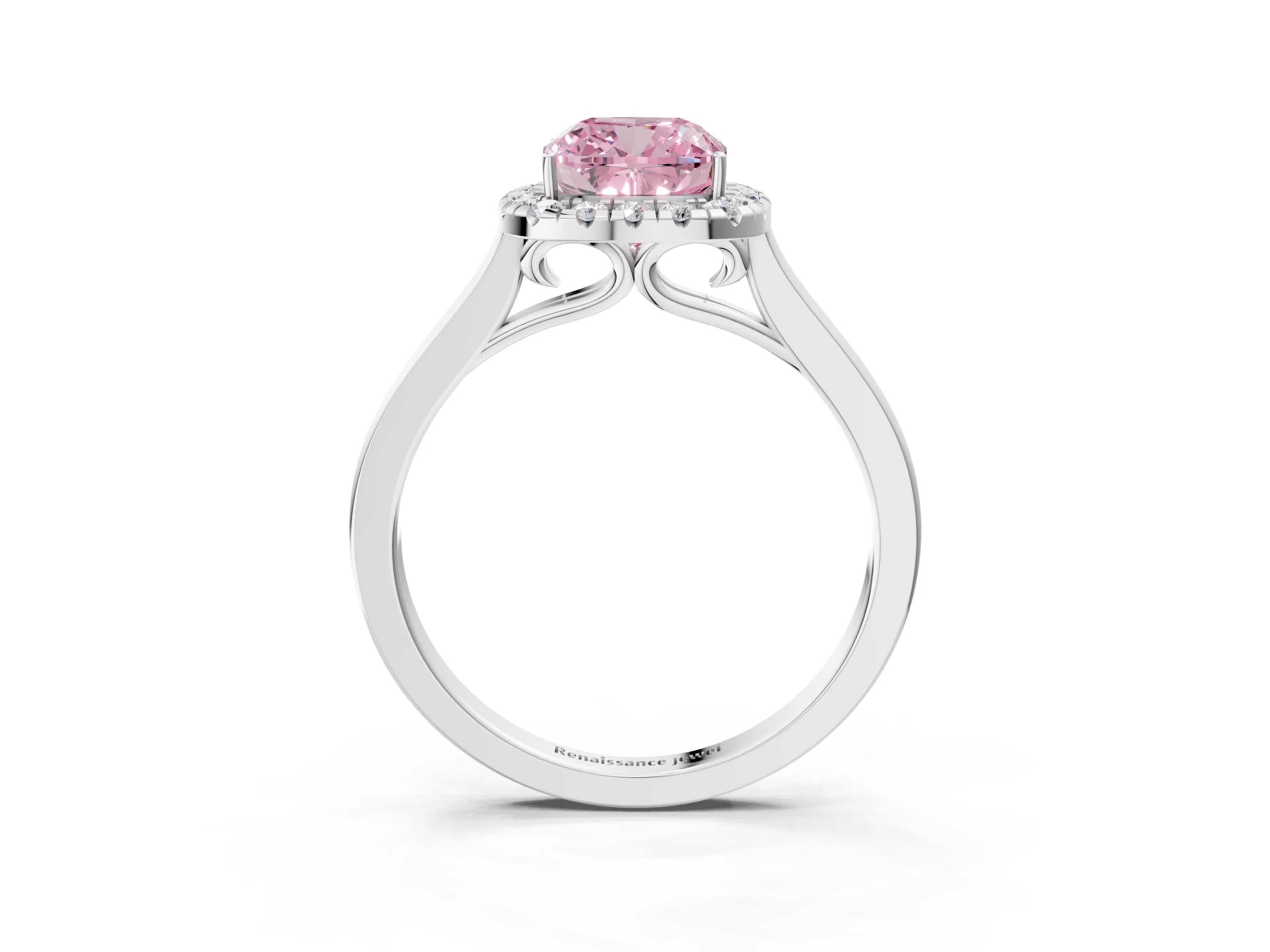 White gold Fancy Pink Cushion Cut Halo Round Diamond Solitaire Ring with Pavé Band and Four-Prong Setting_15