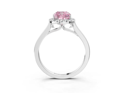 White gold Fancy Pink Cushion Cut Halo Round Diamond Solitaire Ring with Pavé Band and Four-Prong Setting_15