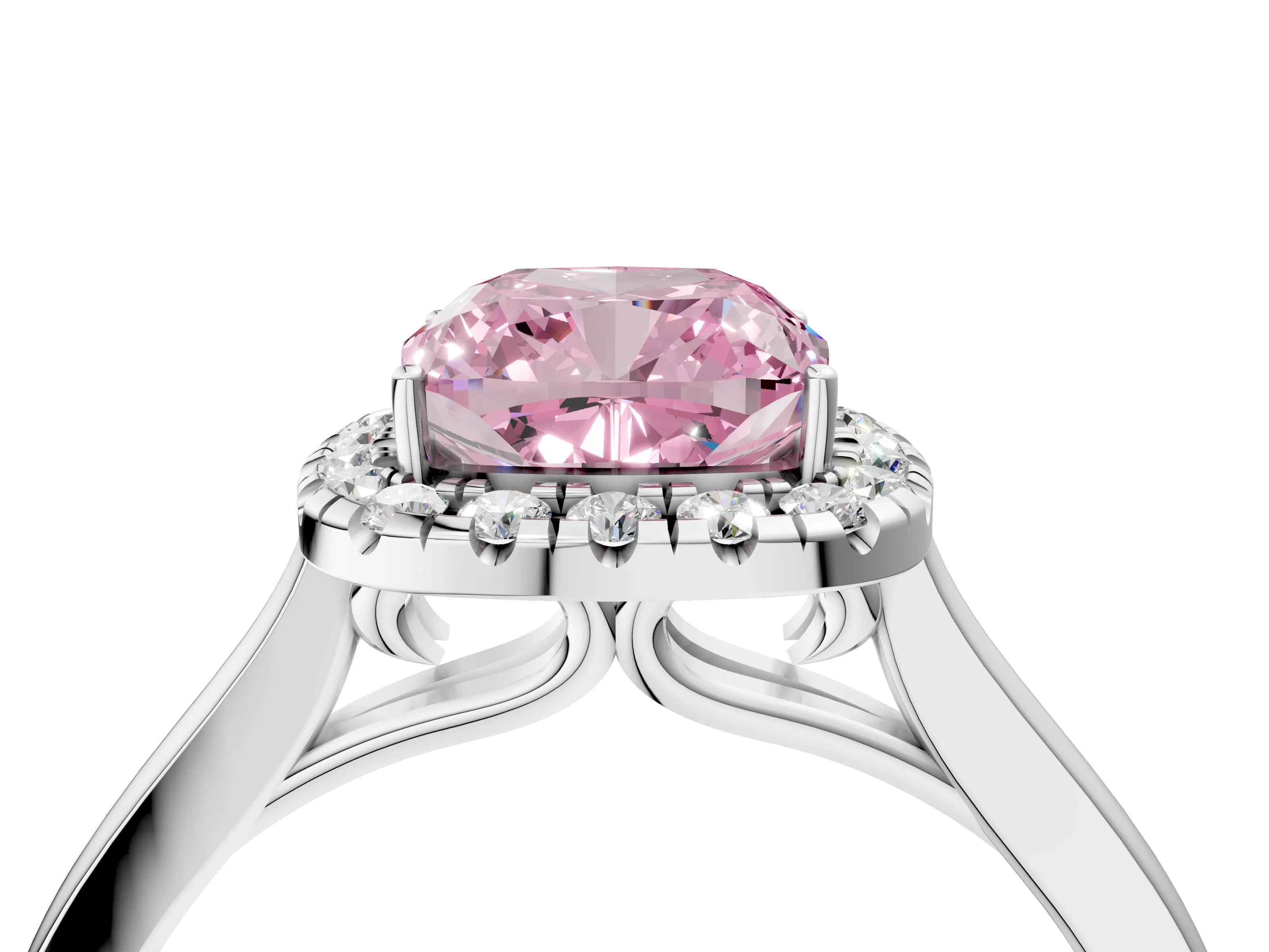 White gold Fancy Pink Cushion Cut Halo Round Diamond Solitaire Ring with Pavé Band and Four-Prong Setting_16