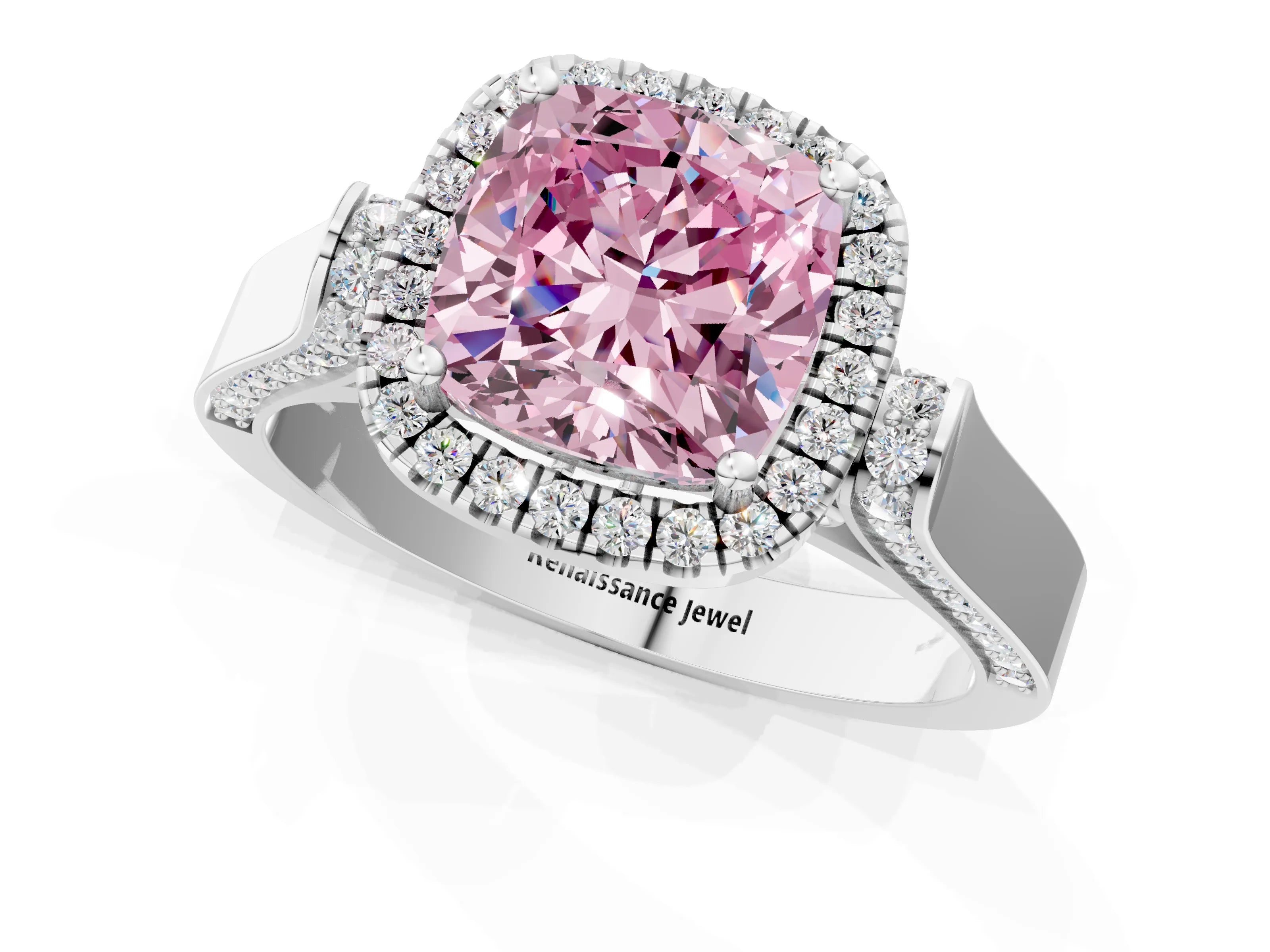 White gold Fancy Pink Cushion Cut Halo Round Diamond Twist Band with Four-Prong Setting_1