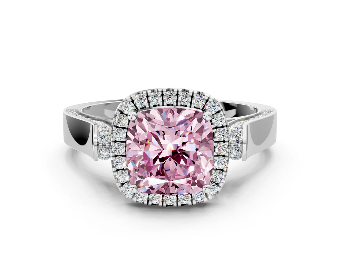 White gold Fancy Pink Cushion Cut Halo Round Diamond Twist Band with Four-Prong Setting_24