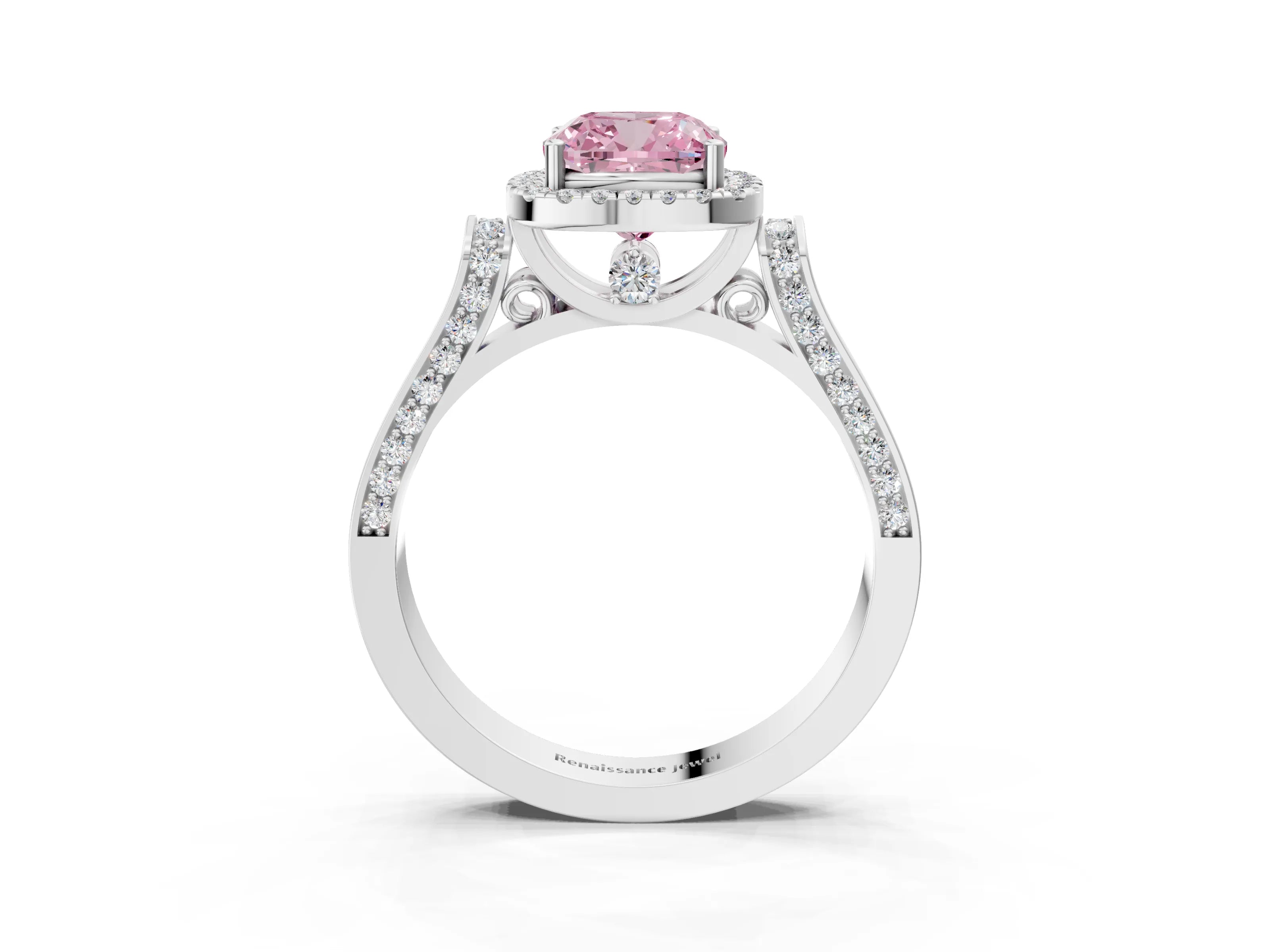 White gold Fancy Pink Cushion Cut Halo Round Diamond Twist Band with Four-Prong Setting_3