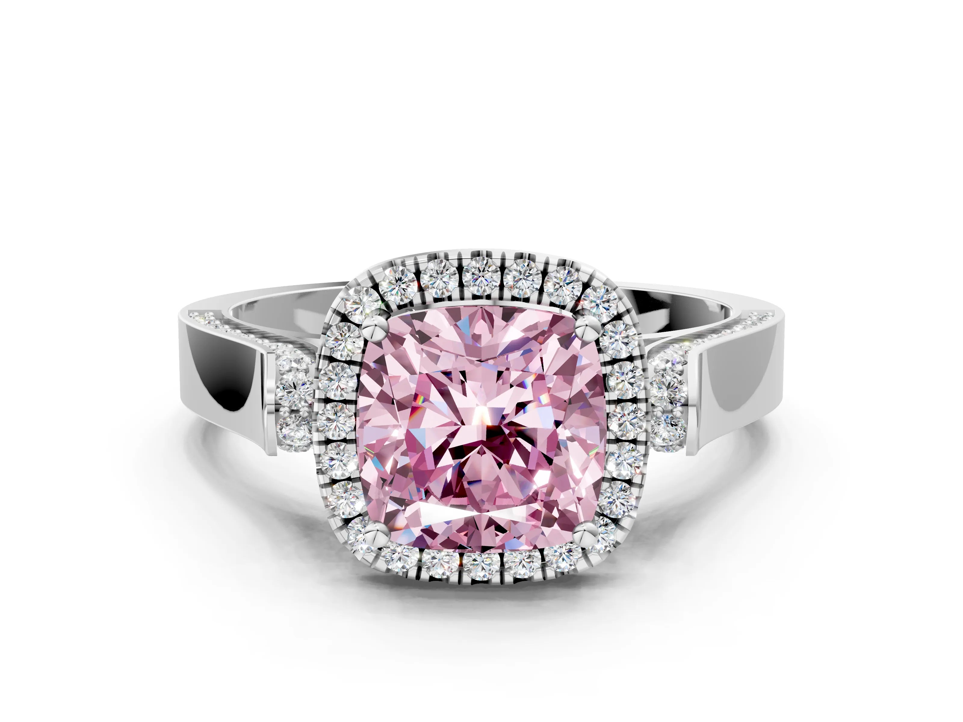 White gold Fancy Pink Cushion Cut Halo Round Diamond Twist Band with Four-Prong Setting