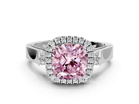 White gold Fancy Pink Cushion Cut Halo Round Diamond Twist Band with Four-Prong Setting