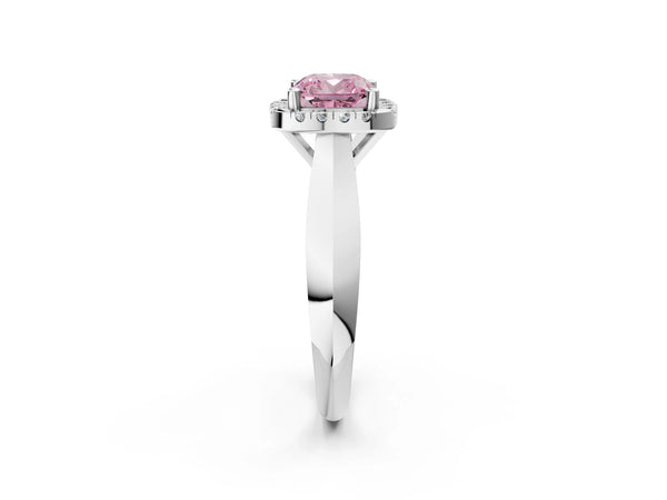 Platinum Fancy Pink Cushion  Cut Halo Solitaire Engagement Ring with Square Band and Four-Prong Setting