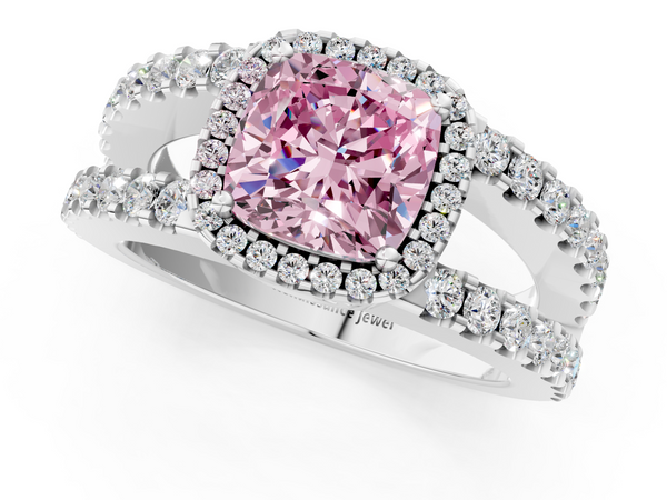 White gold Fancy Pink Cushion  Cut Halo Split Shank Diamond Ring with Four-Prong Setting