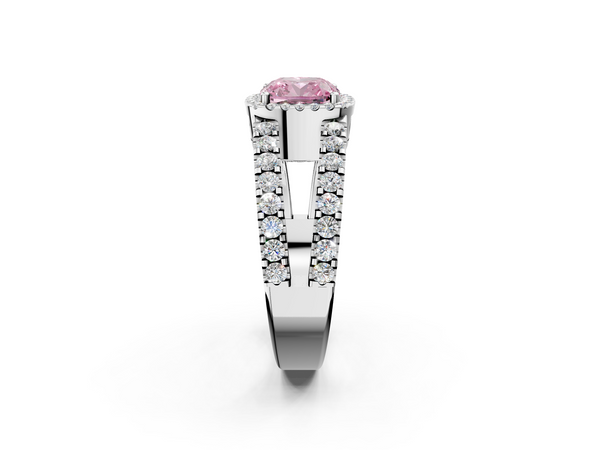 White gold Fancy Pink Cushion  Cut Halo Split Shank Diamond Ring with Four-Prong Setting