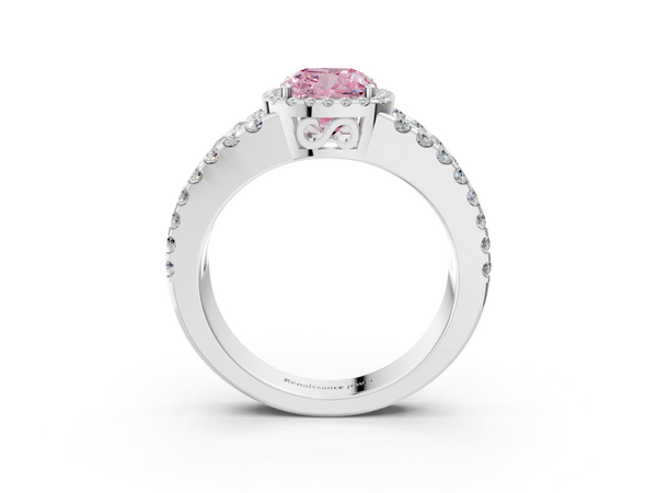 White gold Fancy Pink Cushion  Cut Halo Split Shank Diamond Ring with Four-Prong Setting