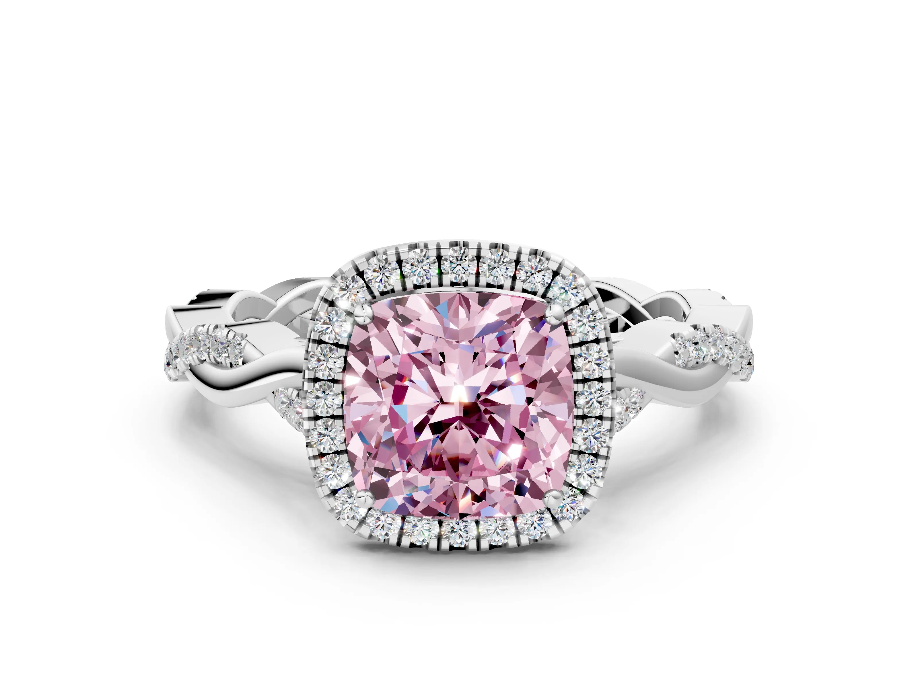 White gold Fancy Pink Cushion Cut Halo Twist Band with Four-Prong Setting