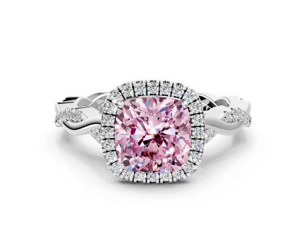 Platinum Fancy Pink Cushion Cut Halo Twist Band with Four-Prong Setting