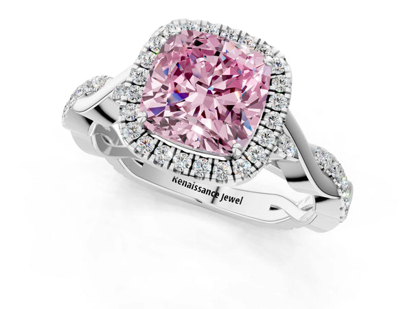 Platinum Fancy Pink Cushion Cut Halo Twist Band with Four-Prong Setting
