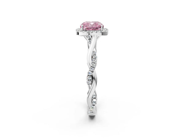 Platinum Fancy Pink Cushion Cut Halo Twist Band with Four-Prong Setting