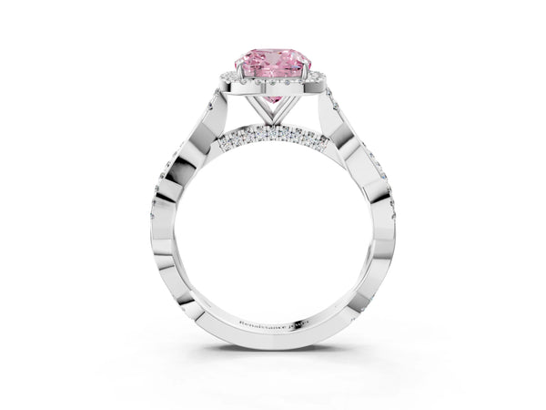 Platinum Fancy Pink Cushion Cut Halo Twist Band with Four-Prong Setting