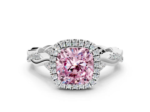 White gold Fancy Pink Cushion Cut Halo Twist Band with Four-Prong Setting
