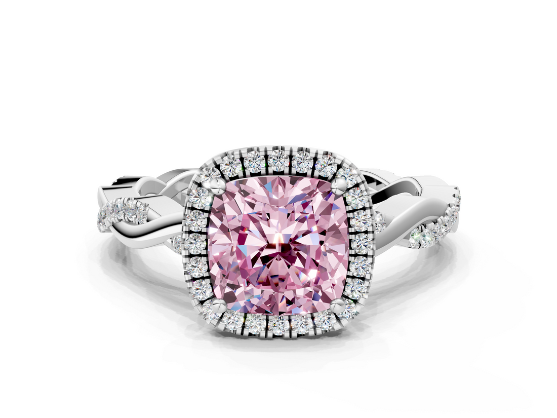 White gold Fancy Pink Cushion  Cut Halo Twisted Band Four-Prong Ring_20