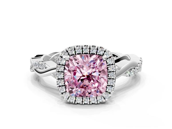 White gold Fancy Pink Cushion  Cut Halo Twisted Band Four-Prong Ring