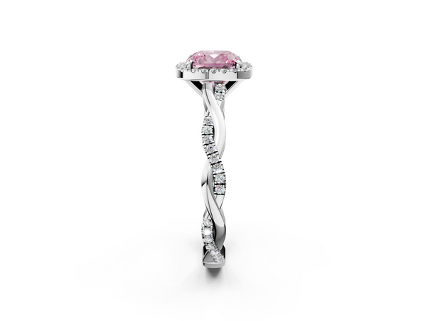 White gold Fancy Pink Cushion  Cut Halo Twisted Band Four-Prong Ring