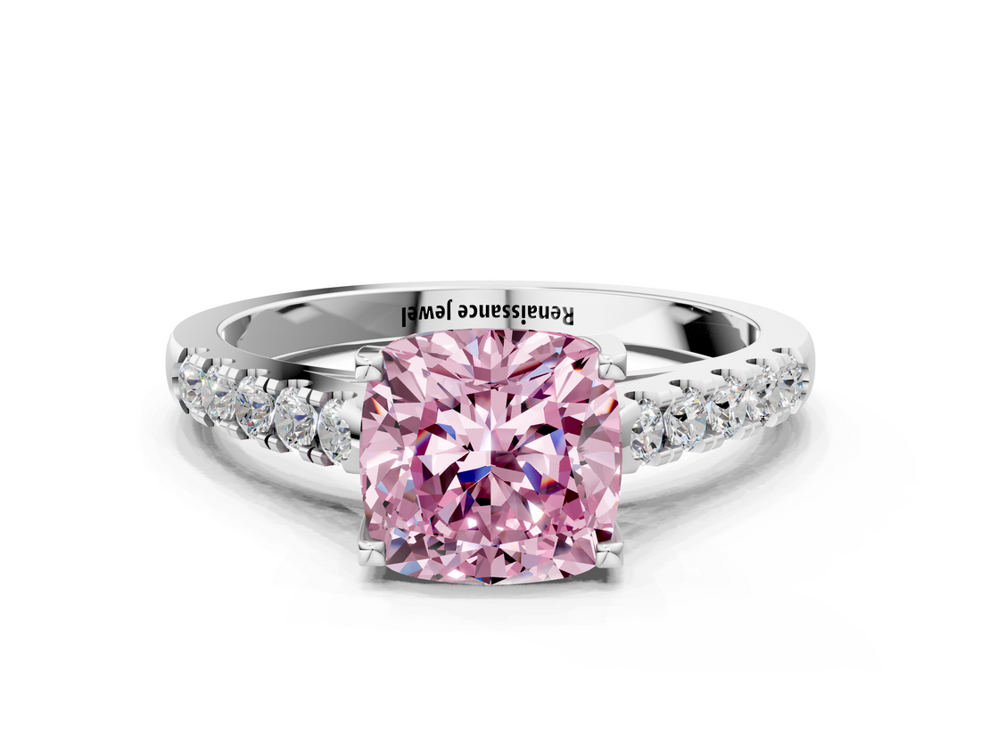 White gold Fancy Pink Cushion  Cut Pavé Band Solitaire Ring with Four-Prong Setting_22