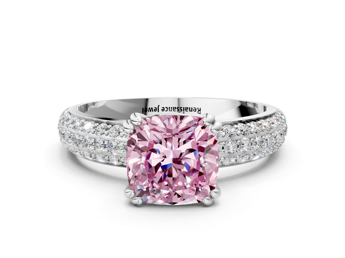 White gold Fancy Pink Cushion  Cut Pave Diamond Engagement Ring with Channel Set Band and Four-Prong Setting_20