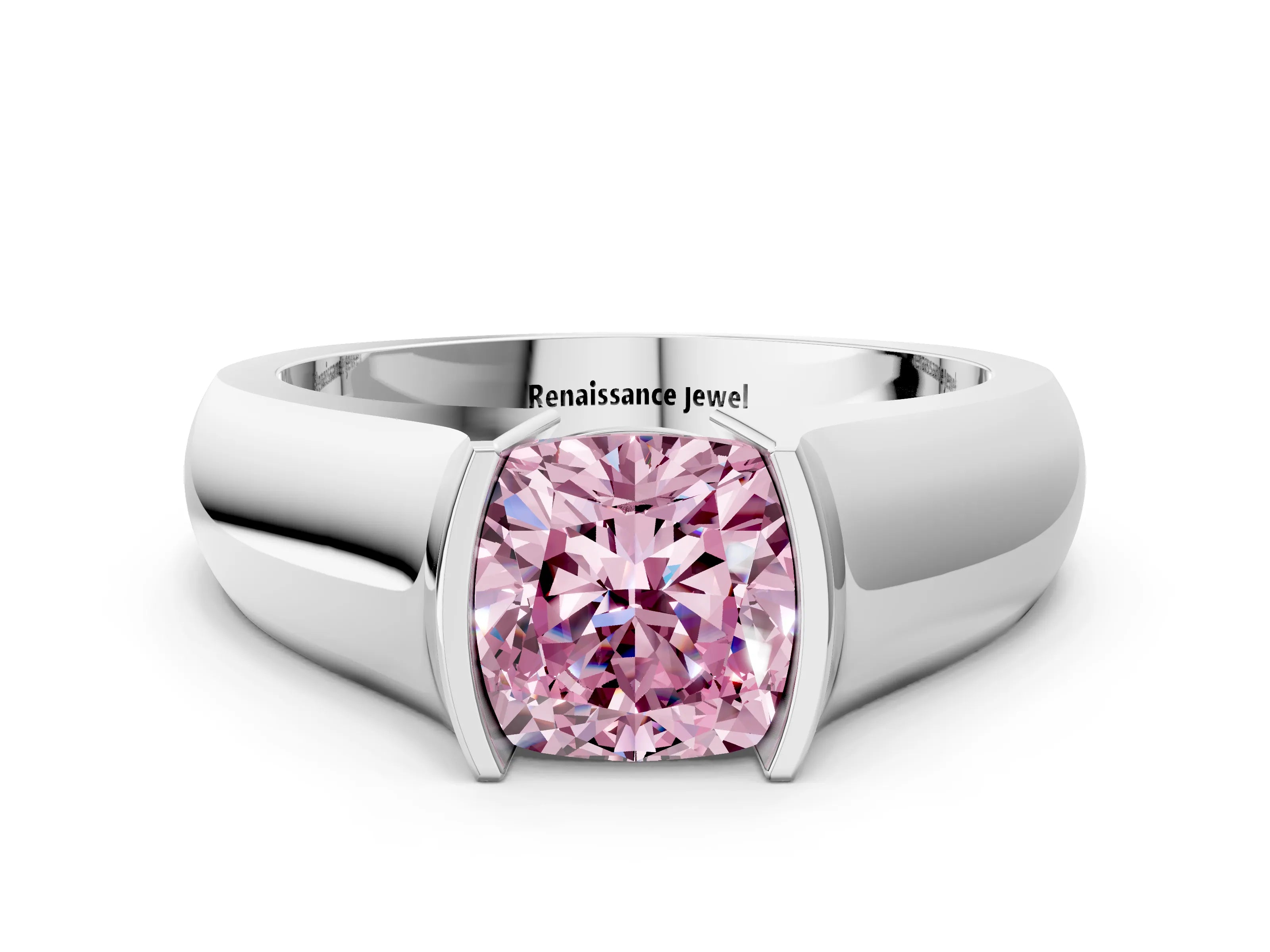 White gold Fancy Pink Cushion Cut Solitaire Bezel Set Diamond Ring with Wide Band_12