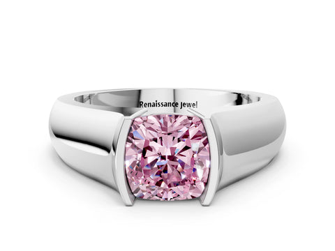 White gold Fancy Pink Cushion Cut Solitaire Bezel Set Diamond Ring with Wide Band_12