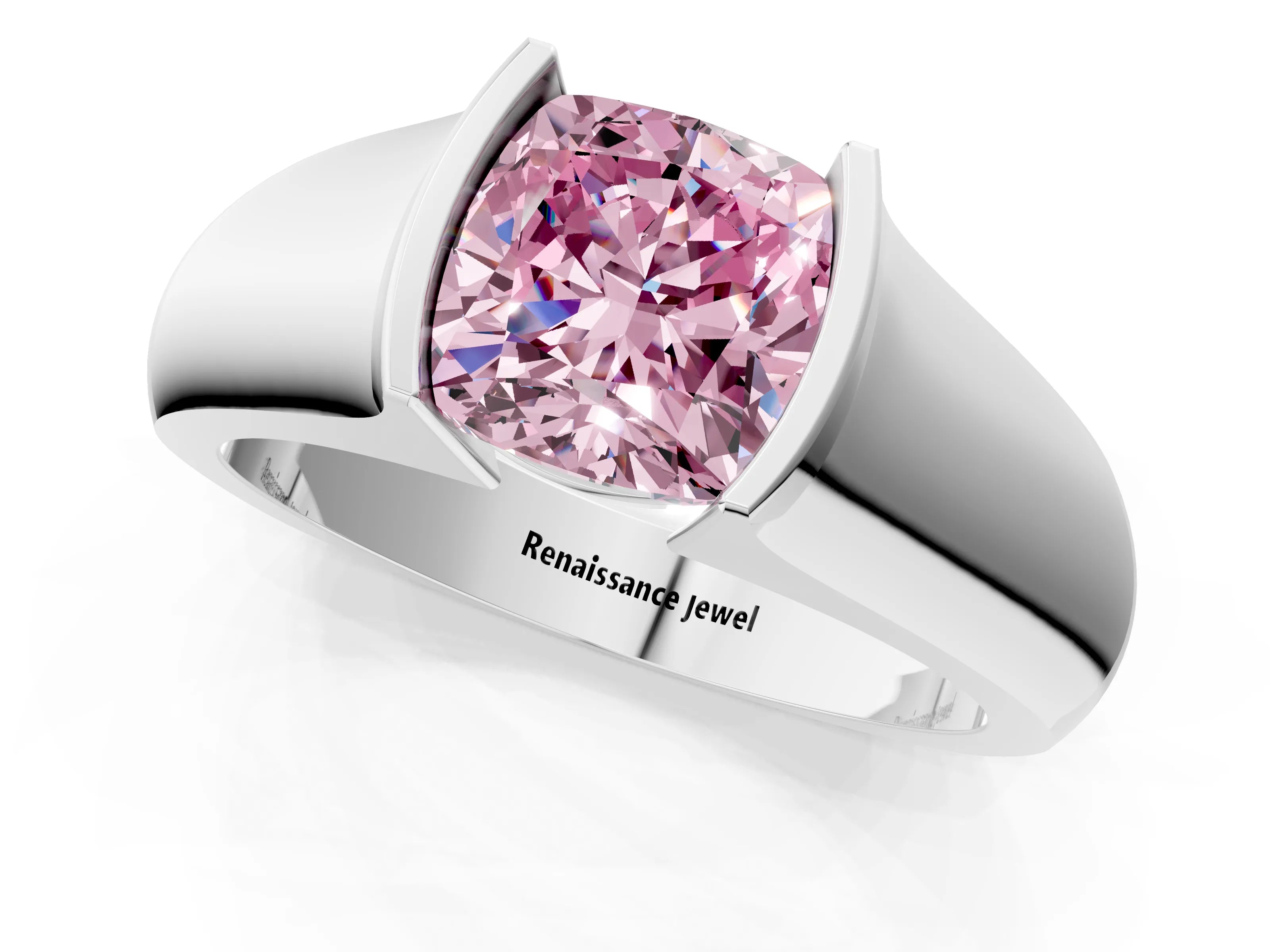 White gold Fancy Pink Cushion Cut Solitaire Bezel Set Diamond Ring with Wide Band_13