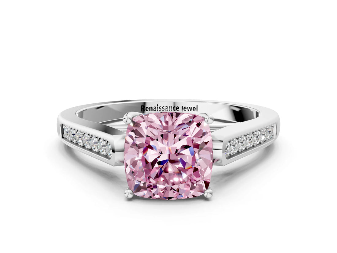 White gold Fancy Pink Cushion Cut Solitaire Cathedral Diamond Engagement Ring with Channel-Set Band and Four-Prong Setting_15