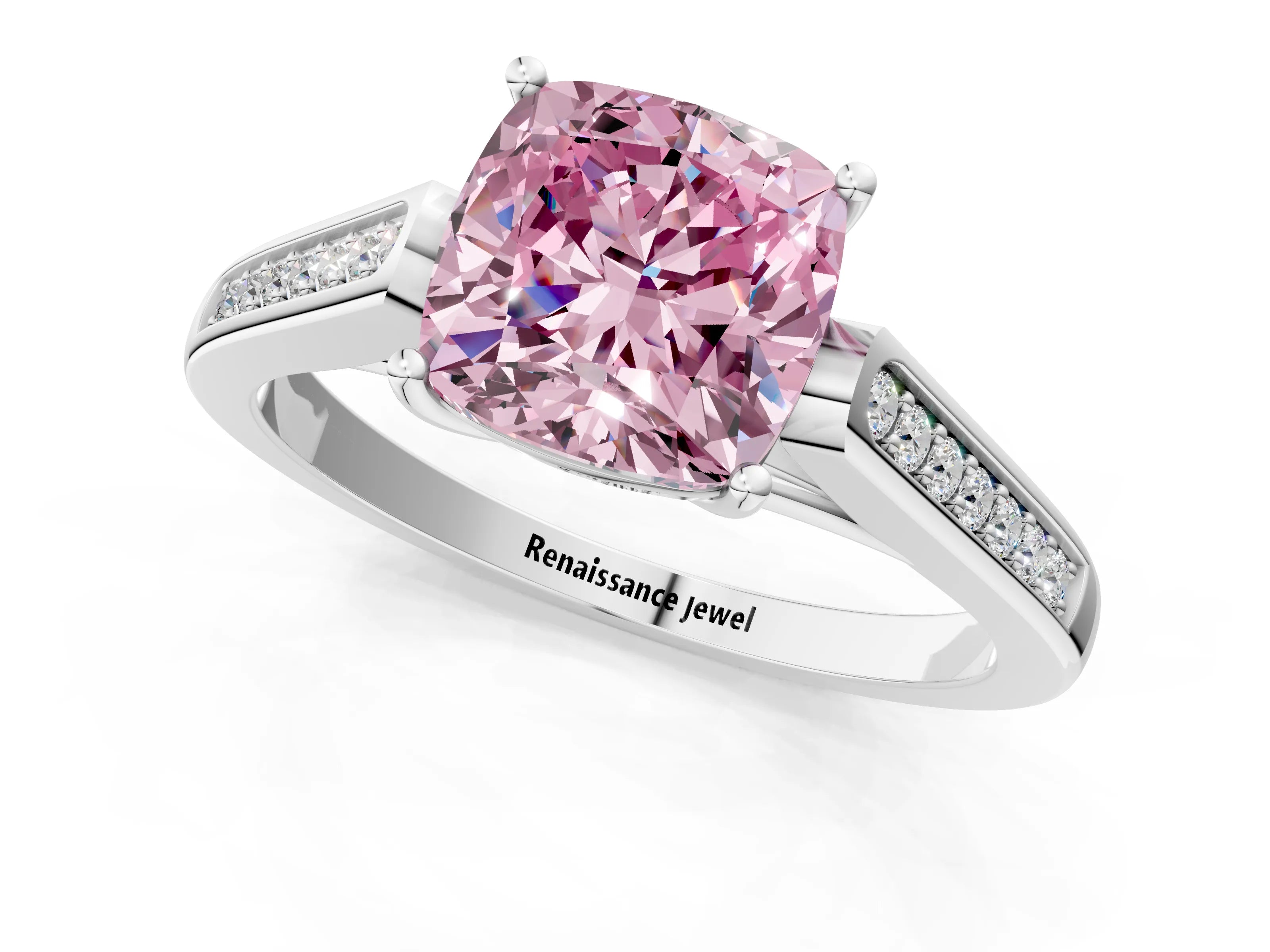 White gold Fancy Pink Cushion Cut Solitaire Cathedral Diamond Engagement Ring with Channel-Set Band and Four-Prong Setting_16