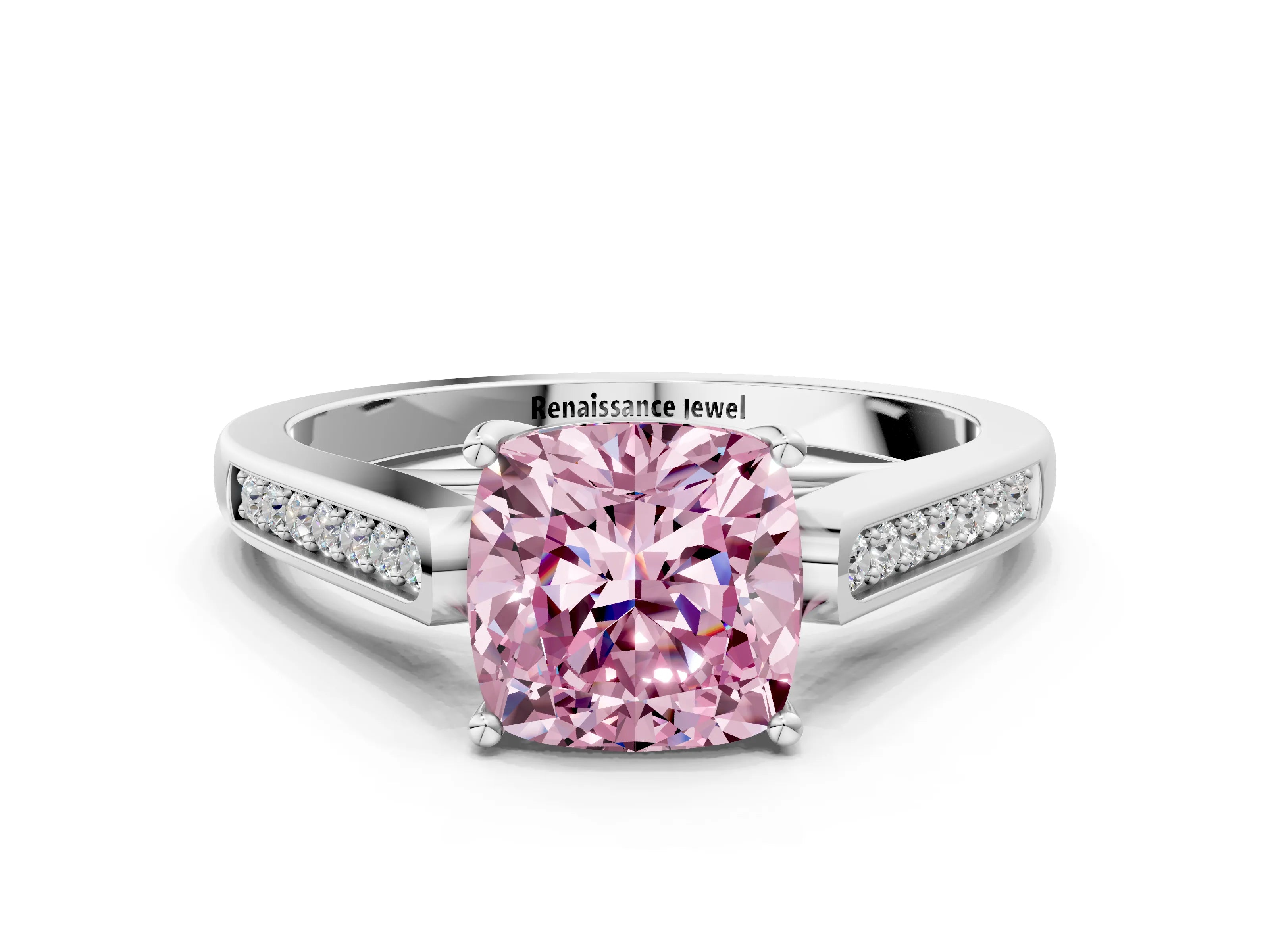 White gold Fancy Pink Cushion Cut Solitaire Cathedral Diamond Engagement Ring with Channel-Set Band and Four-Prong Setting_3