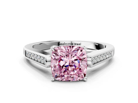 White gold Fancy Pink Cushion Cut Solitaire Cathedral Diamond Engagement Ring with Channel-Set Band and Four-Prong Setting_3