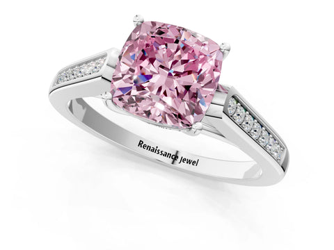 White gold Fancy Pink Cushion Cut Solitaire Cathedral Diamond Engagement Ring with Channel-Set Band and Four-Prong Setting_4