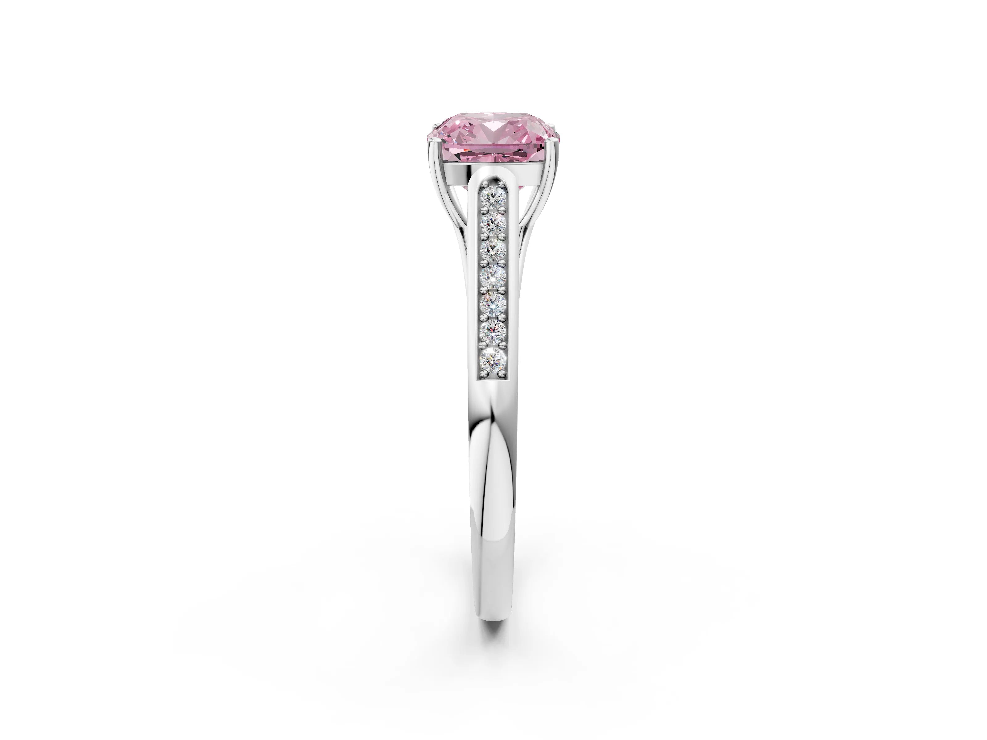 White gold Fancy Pink Cushion Cut Solitaire Cathedral Diamond Engagement Ring with Channel-Set Band and Four-Prong Setting_5