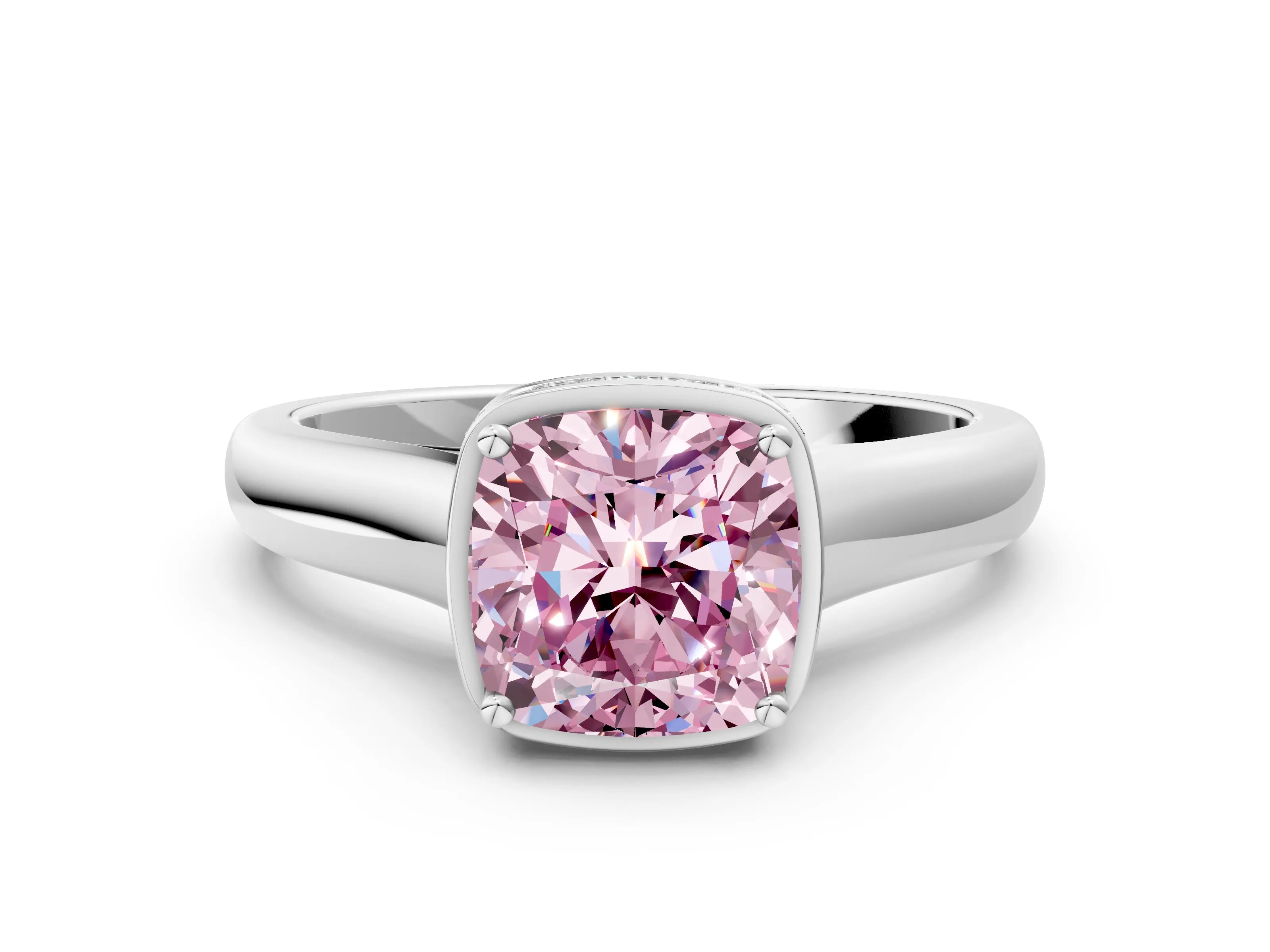 White gold Fancy Pink Cushion Cut Solitaire Diamond Engagement Ring with Four-Prong Setting and Tapered Band