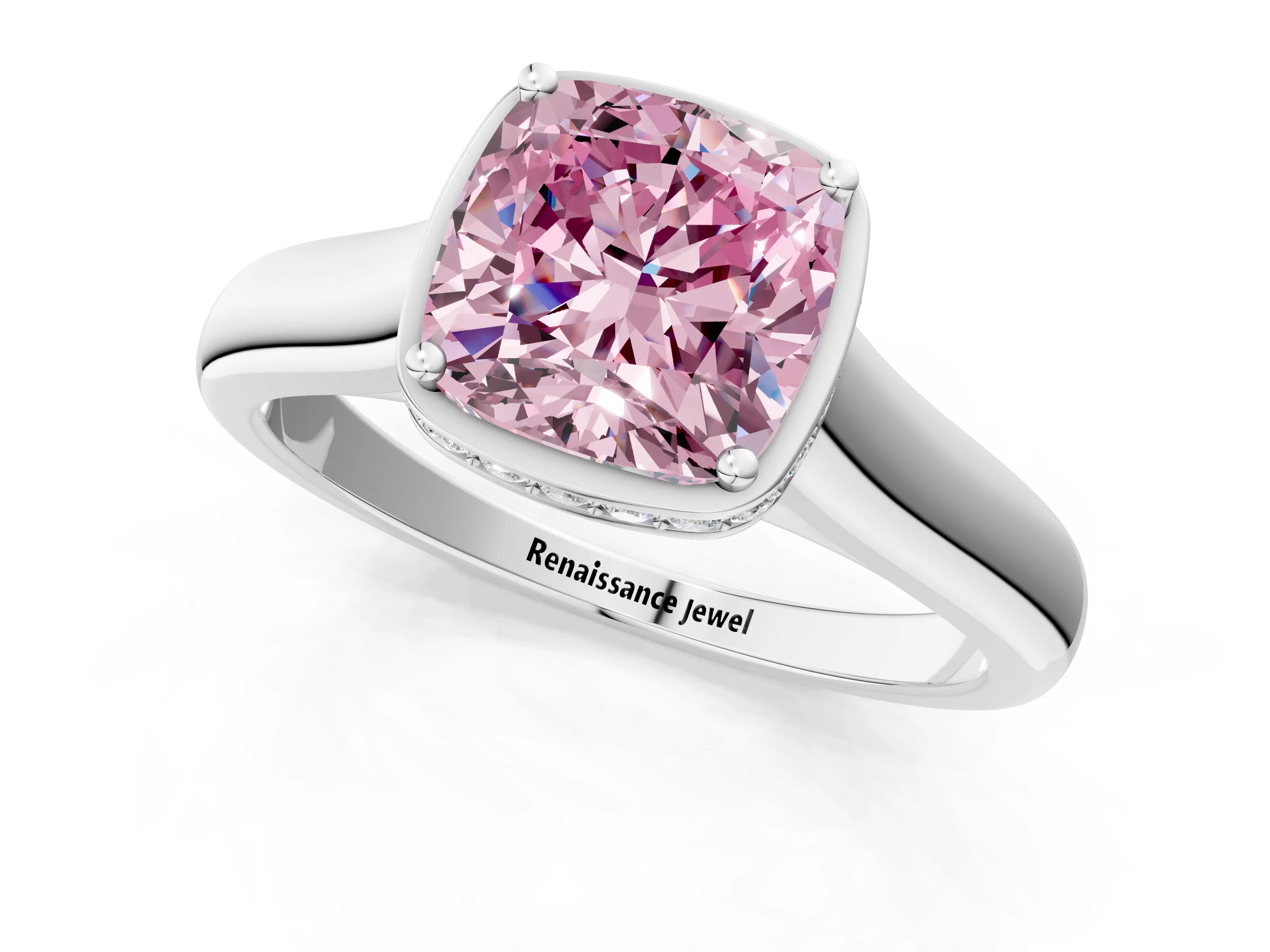 White gold Fancy Pink Cushion Cut Solitaire Diamond Engagement Ring with Four-Prong Setting and Tapered Band_13