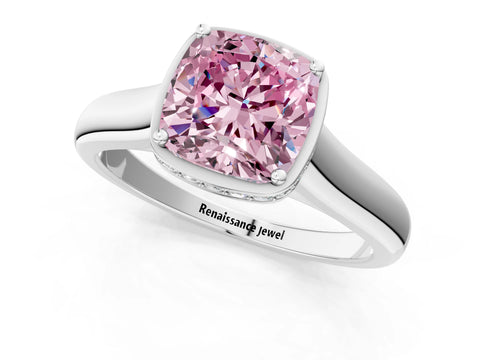 White gold Fancy Pink Cushion Cut Solitaire Diamond Engagement Ring with Four-Prong Setting and Tapered Band_13