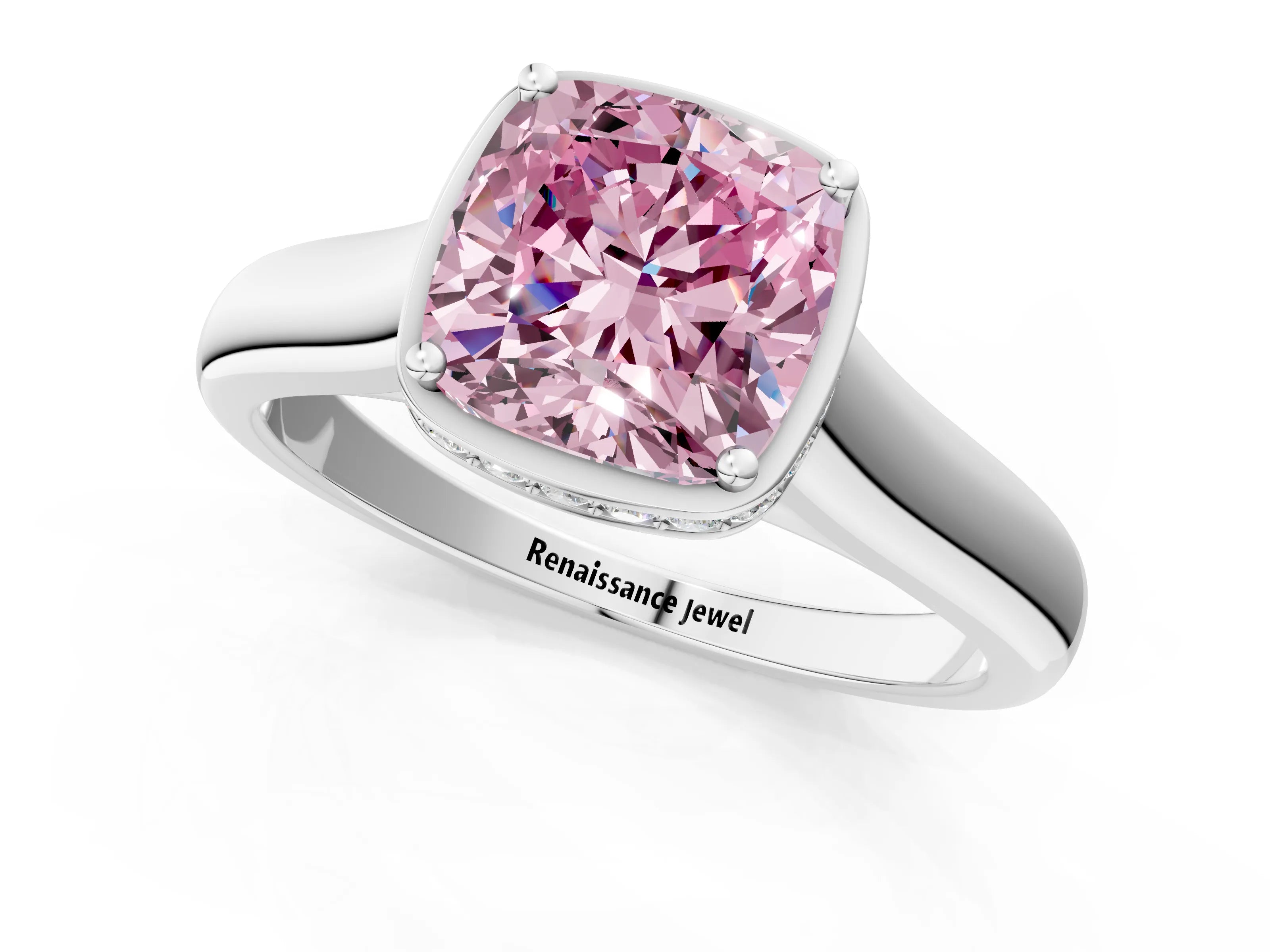 White gold Fancy Pink Cushion Cut Solitaire Diamond Engagement Ring with Four-Prong Setting and Tapered Band_1