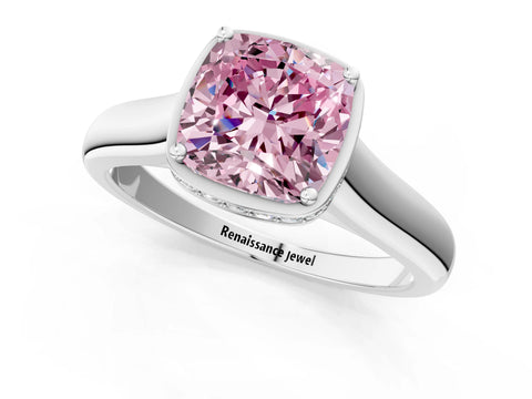 White gold Fancy Pink Cushion Cut Solitaire Diamond Engagement Ring with Four-Prong Setting and Tapered Band_1